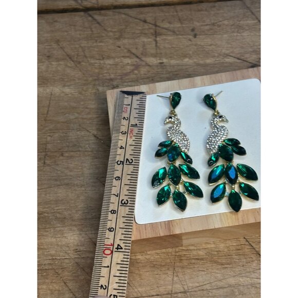 Peacock Crystal Drop Earrings With Green Gemstones - Picture 7 of 9